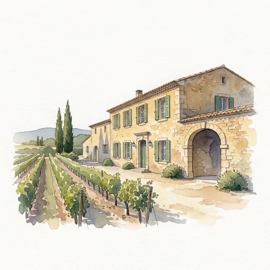 Domaine viticole provençal peint à l'aquarelle